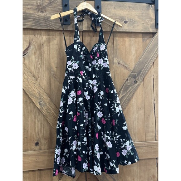HELL BUNNY Melissa Halter Mini 50s Black Floral Rockabilly Pin Up Dress Sz S - Picture 2 of 5